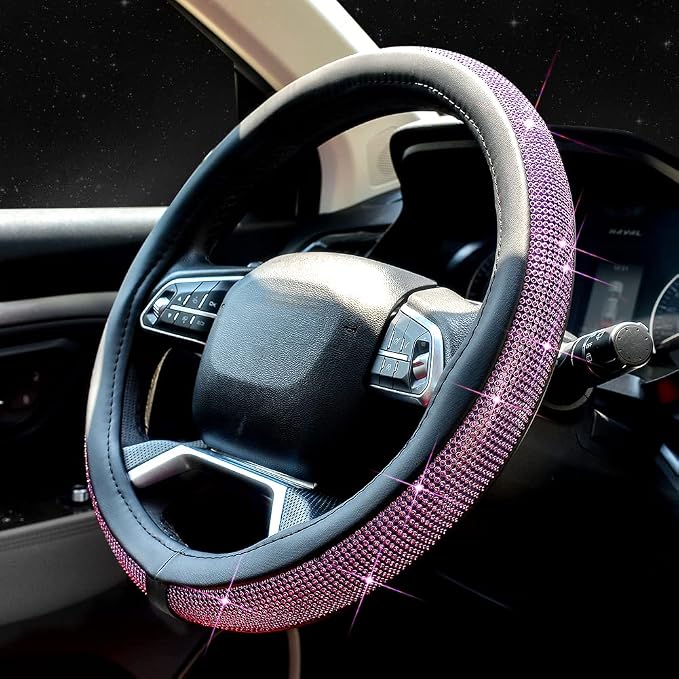 New Diamond Leather Steering Wheel Cover with Bling Bling Crystal Rhinestones, Universal Fit 15 Inch Car Wheel Protector for Women Girls Purple Diamond