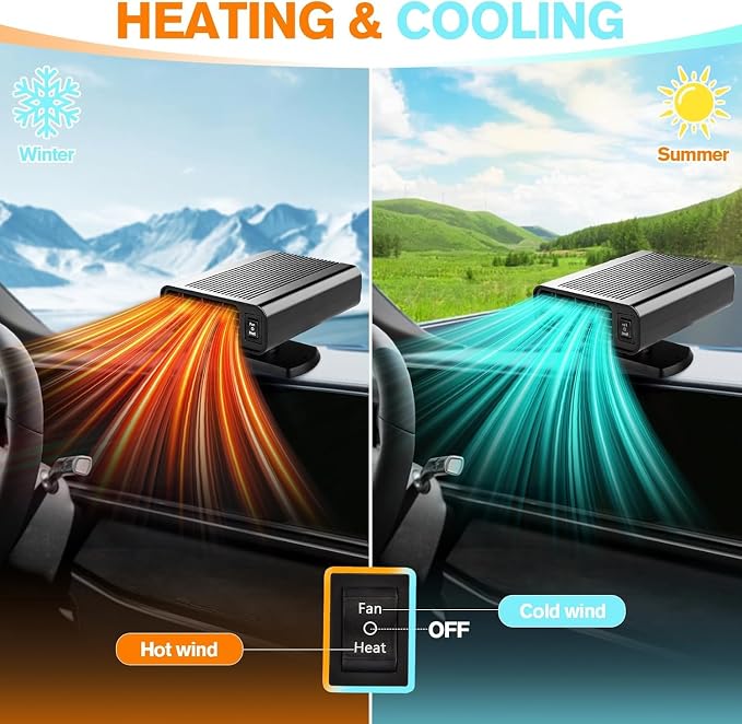 Portable Car Heater, 2026 New upgraded Car Heater for Vehicle,12V Fast Heating Windscreen Defroster Defogger, 150W Car Heater That Plugs into Cigarette Lighter and Cooling Fan for All Cars