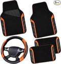 Leather Steering Wheel Cover and Waterproof Car Floor Mats,Microfiber Universal Car Combo Fit for 95% Sedan SUV Van Truck,14.5-15inch Sporty Anti-Slip Safety Comfortable Design, Black＆Orange