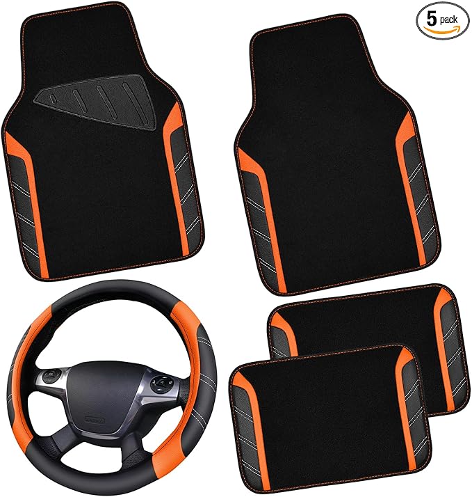 Leather Steering Wheel Cover and Waterproof Car Floor Mats,Microfiber Universal Car Combo Fit for 95% Sedan SUV Van Truck,14.5-15inch Sporty Anti-Slip Safety Comfortable Design, Black＆Orange