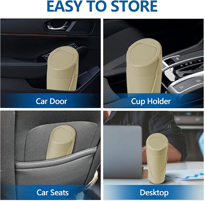 Mini Car Trash Can with Lid, Portable Garbage Can for Car, Leakproof Cup Holder Automotive Garbage Bin with 2 Rolls of Trash Bags, Small Trash Storage Can for Car Home Office(Beige)