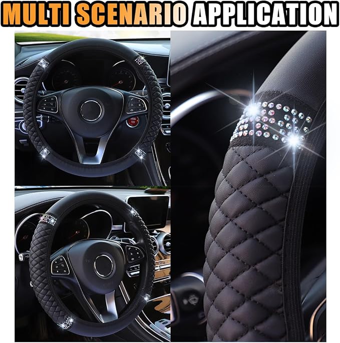 15 Inch Bling Soft Leather Car Steering Wheel Cover, Black | Colorful Rhinestones Design, Auto Elastic Protector for Women Girls, Crystal Diamond Car Accessories for Most Cars, SUVs