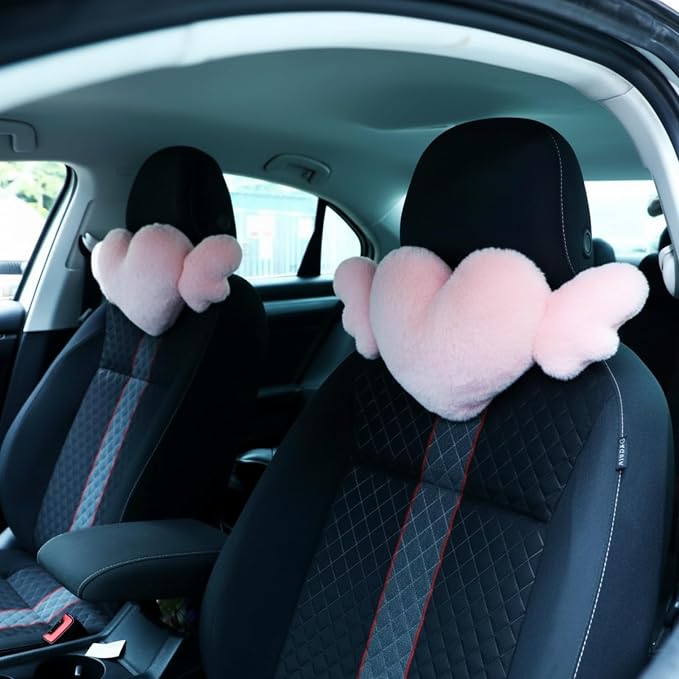 2 Pcs Plush Heart Shaped Pillow with Angel Wings Car Headrest Soft Comfortable Seat Pillow for Driving Travelling Room Office Car Decor, 19.7 x 8.3 Inch(Pink)