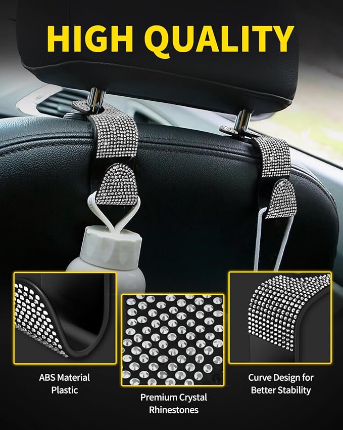 4 Pack Blink Diamond Car Seat Headrest Hooks Crystal Rhinestone Car Purse Holder Universal Interior Accessories for Handbags, Water Bottles, Coats, Umbrellas, White