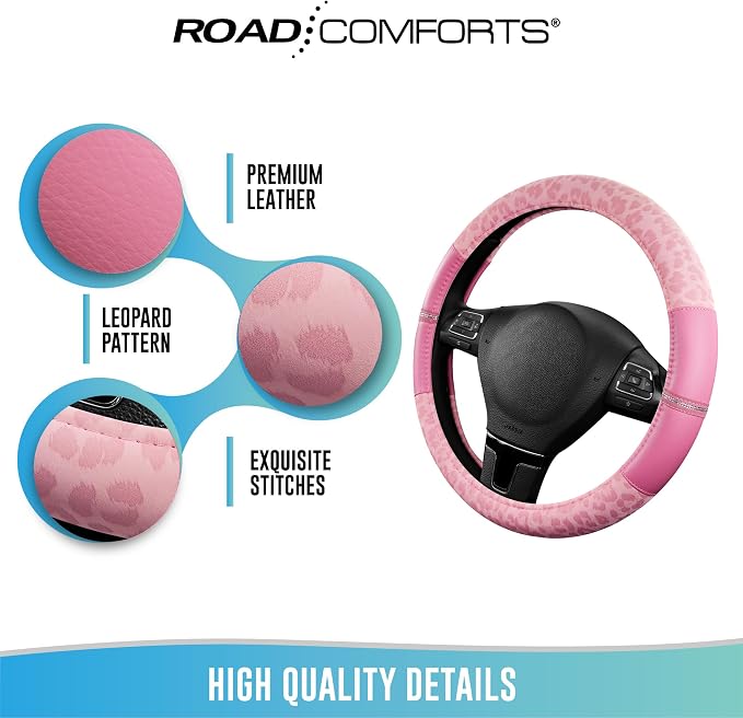 Leopard Steering Wheel Cover for Women, Cute Anti-Slip Microfiber Leather, Universal Fit 14.5-15 Inch Round Steering Wheel - Full Pink