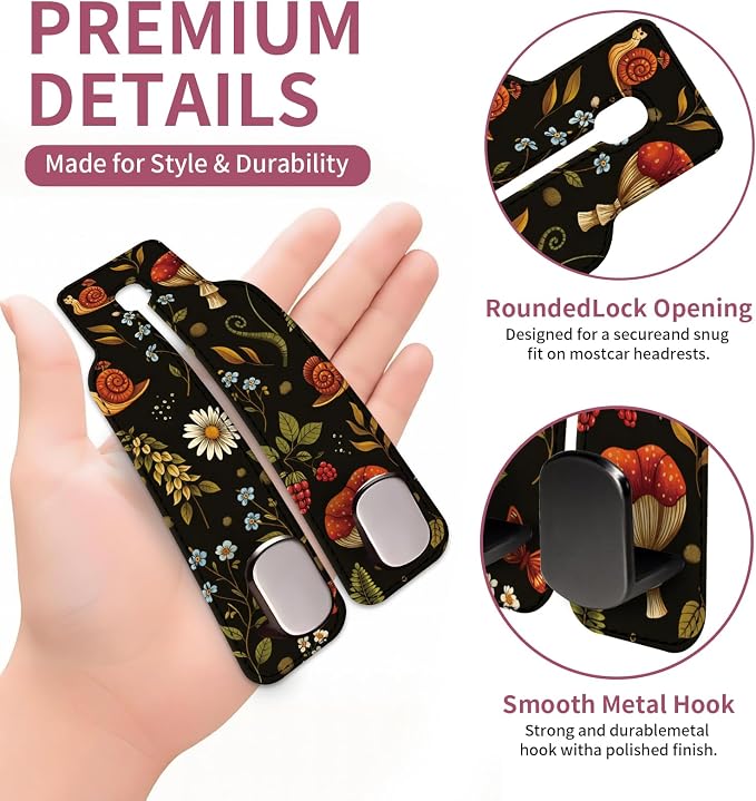 Car Seat Back Storage Hook, Funny Car Purse Hook, Cute Vehicle Storage Organizer for Purses Handbags Dark Floral Mushroom