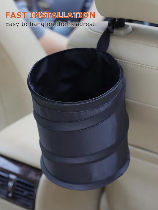 2Packs New Leakproof Car Trash Can, Mini Trash Can Pop-up Collapsible Hanging Car Trash Bin with Hook and Loop, Waterproof PEVA Liner Open-Top 1 Gallon Garbage Can for Cars Home Office
