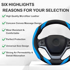 Concave Convex Massage Black Blue Microfiber Leather Steering Wheel Cover, 14.5-15 Inch Non-Slip Breathable Microfiber Car Steering Wheel Protector