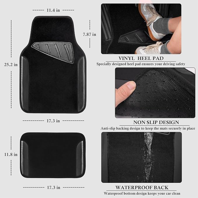 Microfiber Leather Steering Wheel Cover and Waterproof Car Floor Mats,Universal Car Combo Fit for 95% Sedan,SUV,Cars,14.5-15inch Anti-Slip Safety Comfortable Faux Leather Design(Solid Black)