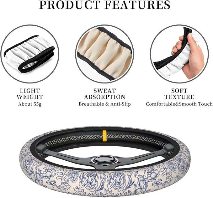 Blue Flower Steering Wheel Cover - Cute Anti-Slip Breathable Universal 14-15 in 2 Car Coasters for Men Women Beautiful Blue Floral Steering Wheel Cover Florals