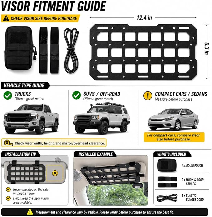 Visor MOLLE Organizer Panels for Car Sun Visor – Rigid ABS Sun Visor Organizer with MOLLE Webbing – Adjustable Fit for Truck SUV (2 Pack)