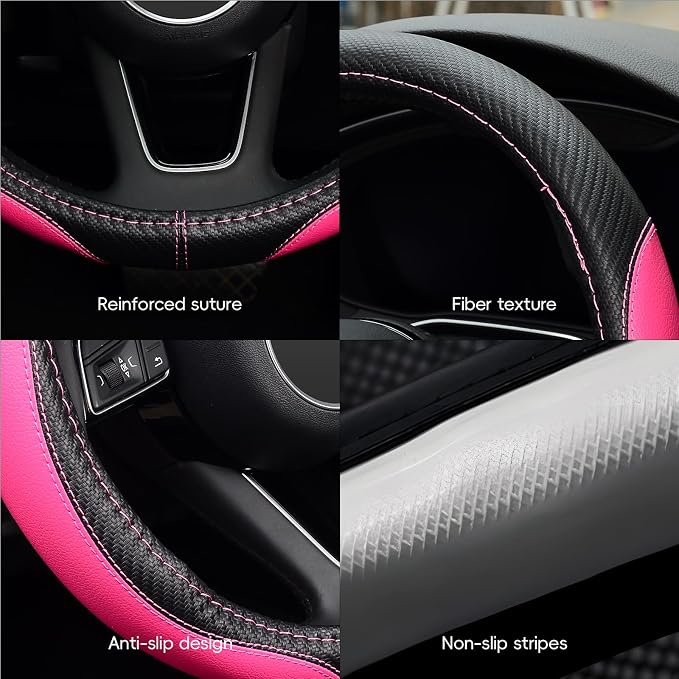 Microfiber Leather Auto Car Steering Wheel Cover, Universal Fit 15 Inch Anti-Slip Wheel Protector, Pink