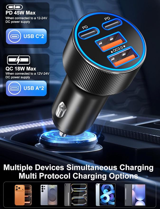 USB C Car Charger, 3 Pack 90W 4-Port Dual 45W Super Fast Car Phone Charger PD/QC 3.0 Fast Charging 12V Cigarette Lighter Adapter Plug for iPhone 17 16e 15 14 Pro Max, Galaxy S26 S25, Android