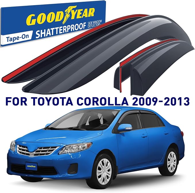 Goodyear Shatterproof Side Window Deflectors for Toyota Corolla 2009-2013 Sedan, Tape-on Rain Guards, Window Visors for Cars, Vent Deflector, Vent Visor, Car Accessories, 4 pcs - GY003120LP