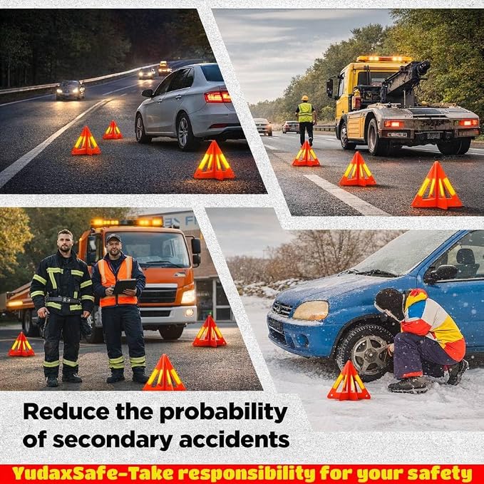 Safety Triangles for Vehicles, 6 Set Emergency Warning Reflective Triangles, Modular Two-Piece Design, High Visibility Roadside Safety Triangles for Car, Truck, SUV
