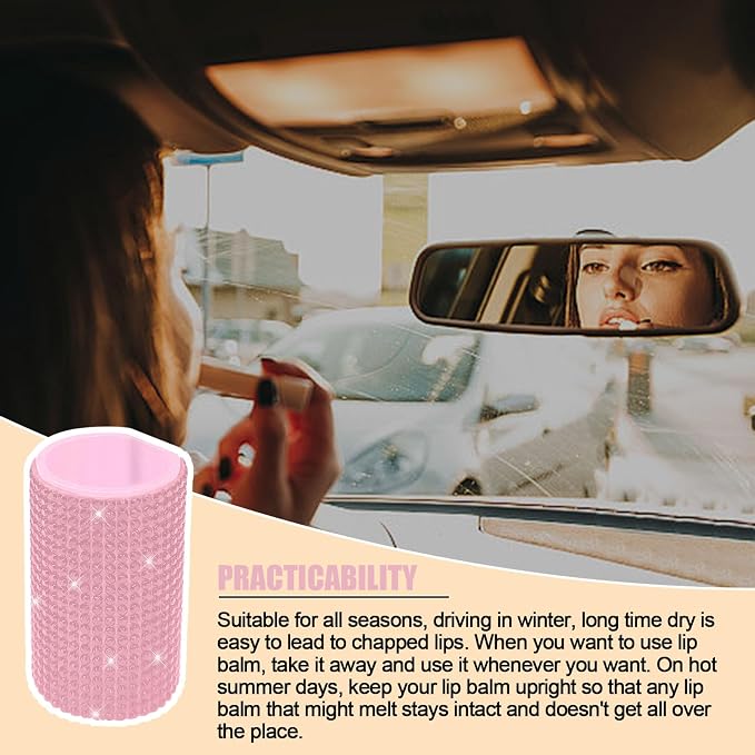 Upright Car Chapstick Holder, Bling Insulating Lip Balm Holder,Rhinestone Car Accessories for Women Interior,Suitable for Most Vehicles. (Pink)