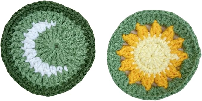 Handmade Crochet Green Moon and Sun Car Steering Wheel Covers Universal 14-15 inch for Women and Men (Steer Wheel Cover+ 2 Belt Cover+2 Coaster)