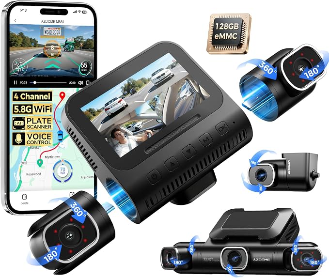 360° 4 Channel Dash Cam Front and Rear Inside, Built-in 128GB eMMC, 2K+1080P*3 Dashcam, Left Right, Voice Control, 5G WiFi Dash Camera for Cars with 4 Adjustable Lenses, IR Night Vision, M660