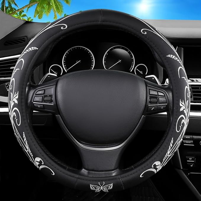 Car Leather Steering Wheel Cover - Panapi Material, Universal 14.5-15 Inch Leather Anti-Slip Breathable Auto Steering Wheel Covers for Men Women (Embroidery-White)