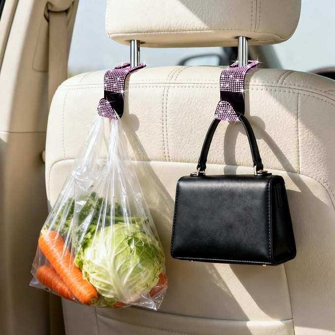 6 Pack Bling Car Seat Headrest Hooks, Rhinestone Purse Hook for Car, Universal Storage Organizer for Handbag Grocery Bags Coats, Bling Car Accessories for Women (Bling Pink)