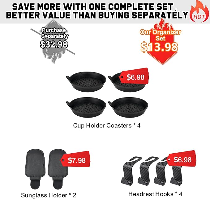 Car Essentials for New Drivers, 10PCS Car Accessories Gift Set Everyday Organizer Kit with Cup Holder Coasters, Sunglass Visor Clips, Headrest Hooks for First Time Teen Driver