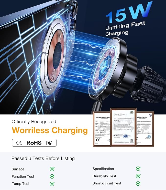 for Magsafe Car Mount Charger【100% Stable】15W Magsafe Car Charger Magnetic Phone Holders for Your Car Accessories for Women Men Car Phone Holder Wireless Car Charger for iPhone 17 16 15 14 13