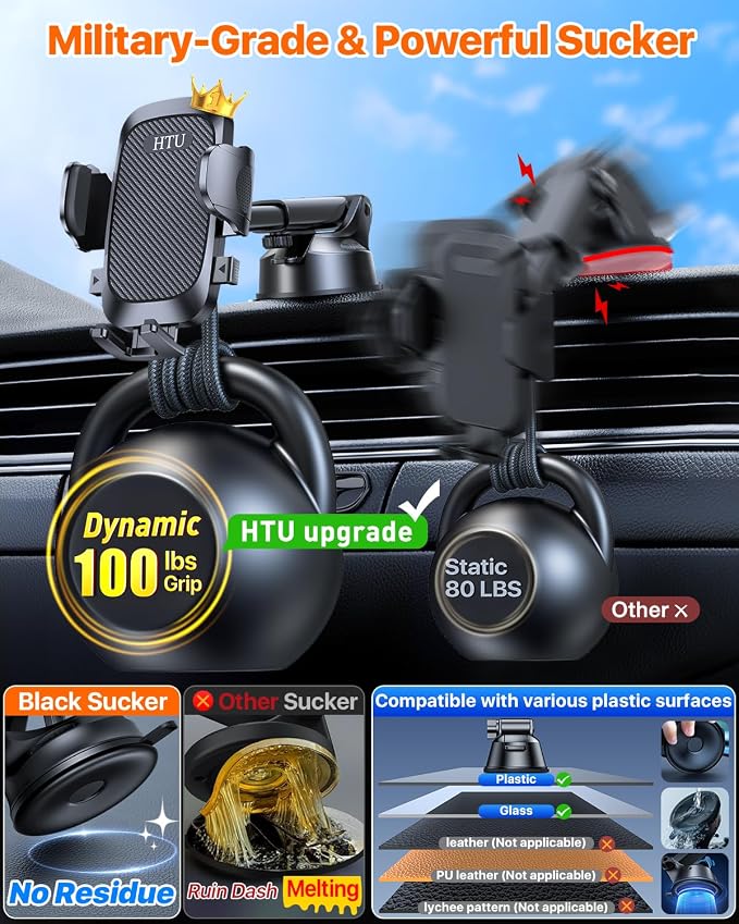 HTU Car Phone Holder【2026 Upgraded 100+LBS Suction & Safety Cert】 Cell Phone Car Mount for Truck Heavy Duty Phone Holder for Dashboard/Windshield/Vent for iPhone 17 16 Pro Max, Dark Black