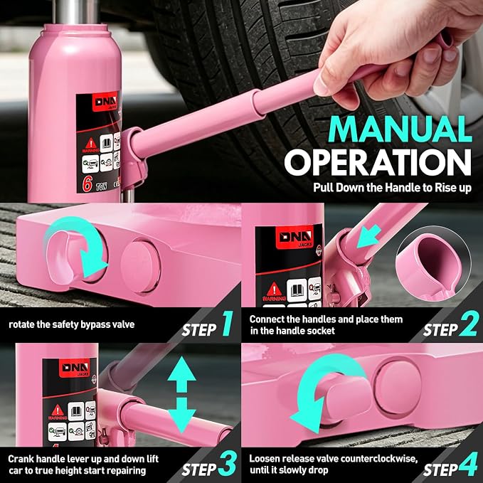 6 Tons / 12000 lbs Lifting Automotive Welded Hydraulic Bottle Jack for Car SUV Pickup Truck, Auto Repair, with Manual Handle & Carrying Storage Case, Pink