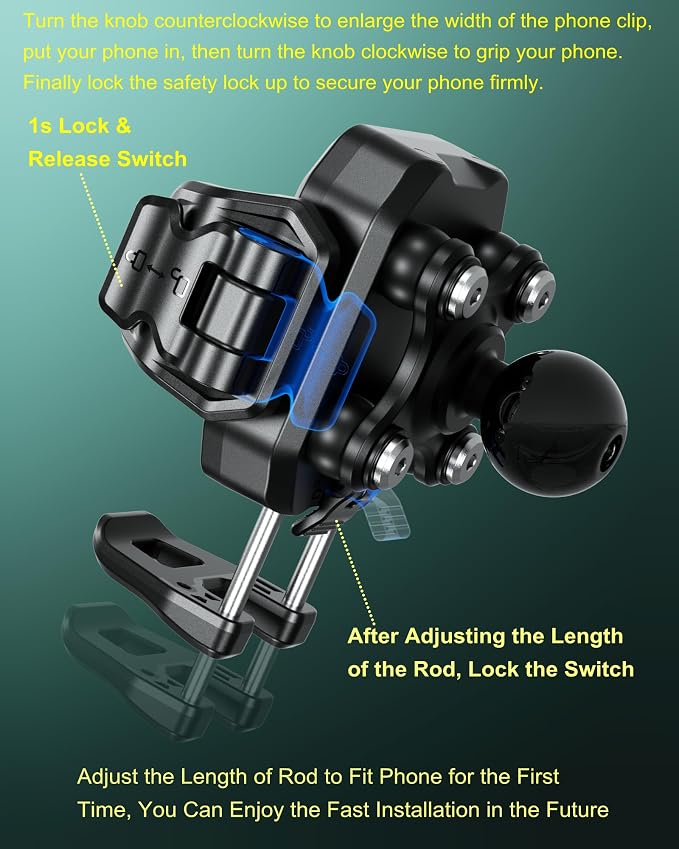 Anti-Theft Phone Mount Holder with Vibration Dampener, 1s Locking | Don't Block Camera, with Aluminum Round Base & Medium Arm, for Car Boat Truck Motorcycle UTV, Fit 5.4-7.2'' Smartphones
