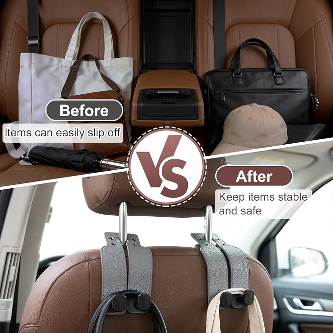 Headrest Hooks for Car, Car Seat Hooks for Headrest, Seat Back Storage Hook, Twinhook Leather Car Headrest Hangers, Seat Back Universal Fit Storage Organizer for Purses and Bags Cute (2, Grey)