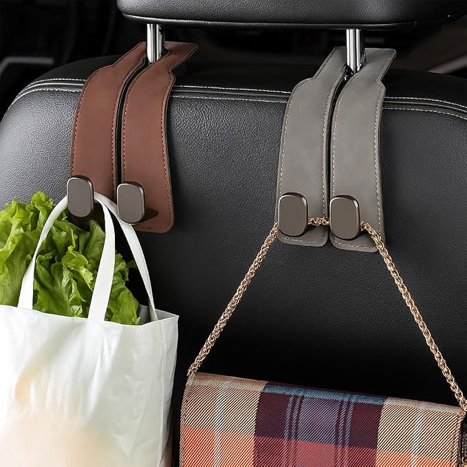 2026 New Car Seat Headrest Hooks for Purses and Bags - Support Car Headrest Hooks for Purses and Bags Coat, Leather Car Bag Purse Holder with Double Hooks (Black-4PC)