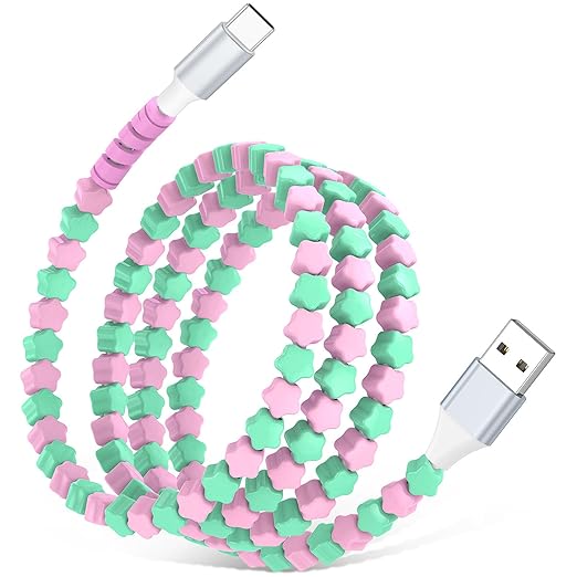 USB A to USB C Cable 3FT,Beaded Phone Charger Cord for iPhone 17 16 Pro Max 17e 15 Carplay,Cute TypeC Car Charger Charging Cord for iPad Pro 10 11/Samsung S26 S25 S24/Android Girl Women,PinkGreen Star