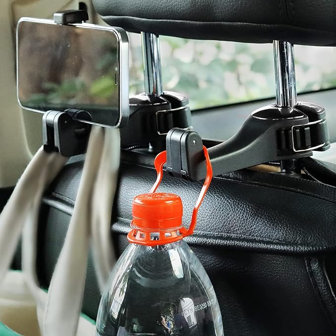 Upgraded 2 Pack Car Headrest Hidden Hook 2 in 1 Car Seat Hooks with Phone Holder for Purse, Backpacks,Toys,and Even Bottle Storage Organizer (Silver)