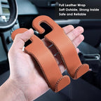 Leather Hooks for Headrest - Fully Leather-Wrapped U-Shaped Purse Holder for Car, Flexible Seat Back Organizer & Durable Car Accessories for Purses, Bags, Coats & More (Brown, 2 Pack)