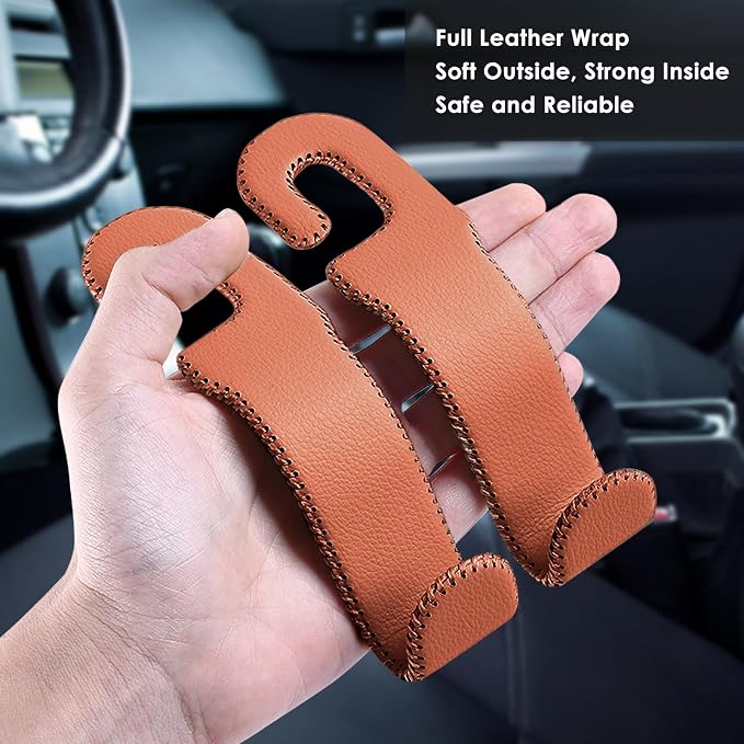 Leather Hooks for Headrest - Fully Leather-Wrapped U-Shaped Purse Holder for Car, Flexible Seat Back Organizer & Durable Car Accessories for Purses, Bags, Coats & More (Brown, 2 Pack)