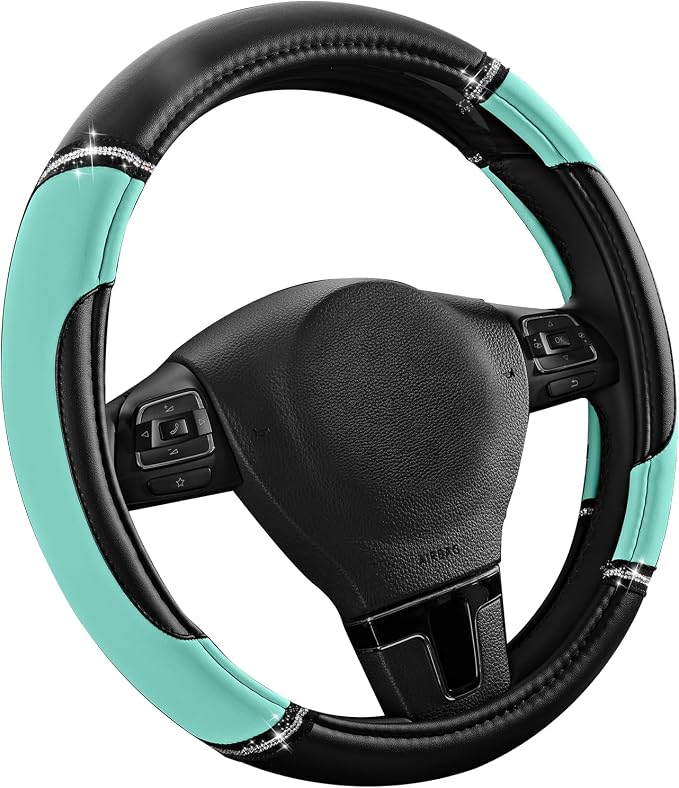 Leather Steering Wheel Cover - Made with PVC Leather - Anti-Slip, Universal Fit 14 1/2 inches to 15 inches - Mint