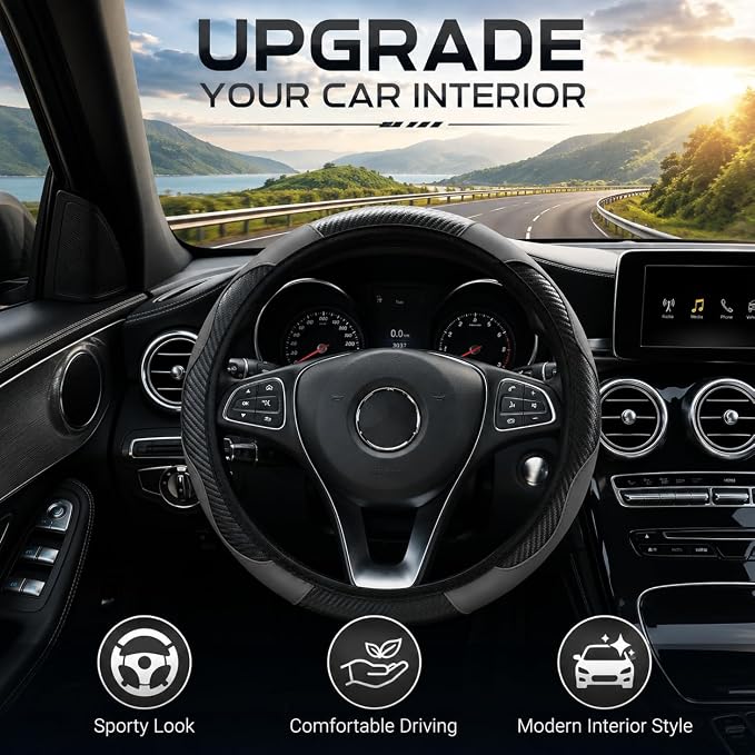 Car Steering Wheel Cover 15 inch, Microfiber PU Leather Elastic Steering Wheel Protector, Anti-Slip Breathable Car Interior Accessories for Most Cars (Grey)