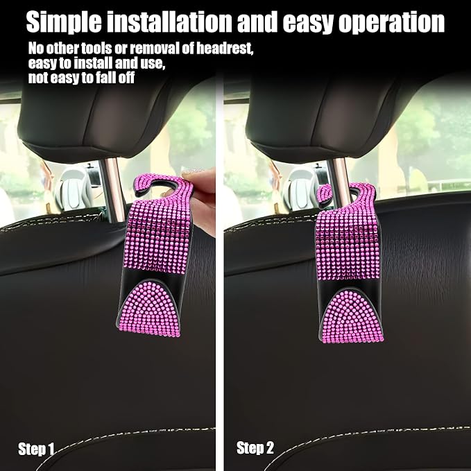 2PCS Car Seat Hooks, Bling Car Rhinestone Headrest Hooks, Universal Bling Car Interior Accessories, for Handbag, Clothes, Purse, Water Bottle (Pink)