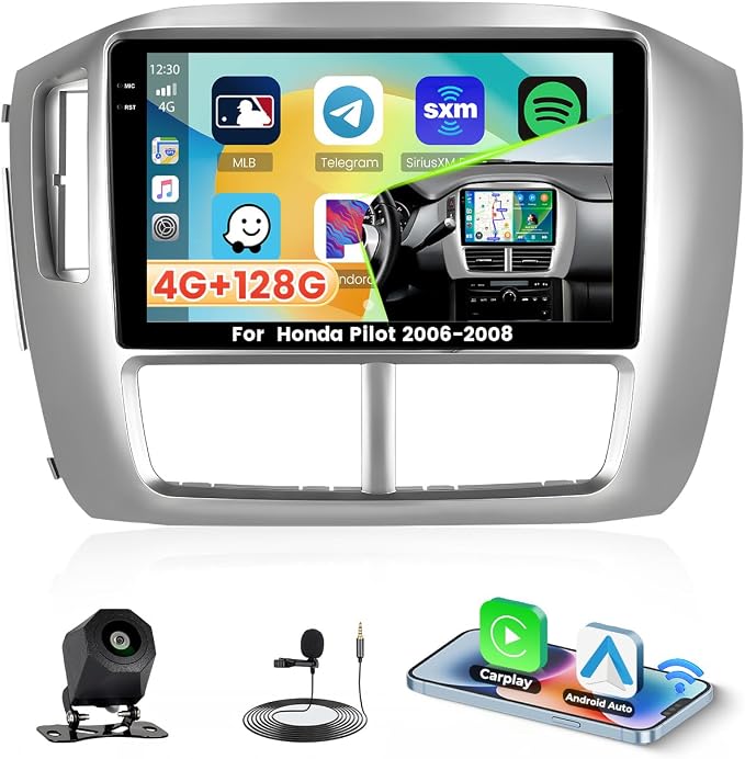 4+128G Radio for Honda Pilot 2006 2007 2008, 9" 1280 * 720 Touch Screen for Pilot Bluetooth Radio with Wireless CarPlay, 5GHz WiFi, Bluetooth 5.0, EQ, GPS Navigation, DSP, FM/RDS, Backup Camera