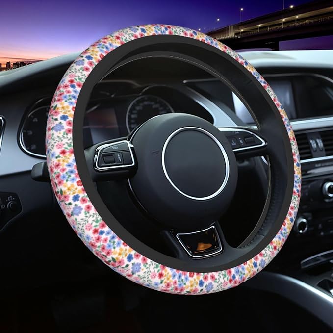 Millefleurs Different Flowers Pink Steering Wheel Cover Car Accessories Cute for Women Girls Girly Universal 15 Inch Neoprene Auto Interior Decor Anti Slip Car Truck Protector