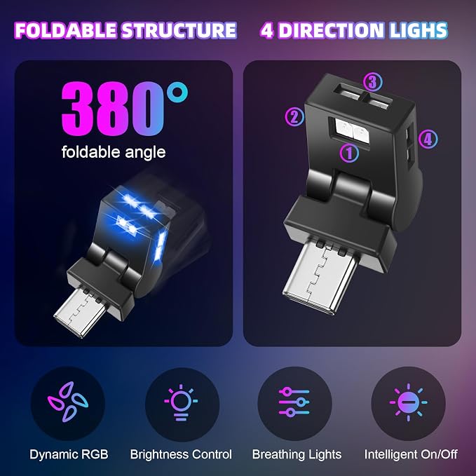 2 Pcs Mini USB LED Light Car LED Interior Lighting 5v RGB Foldable Lighting Adjustable 8 Color and Brightness Smart USB Night Lamp for Cars Laptop Keyboard (Manual Switch USB-A)
