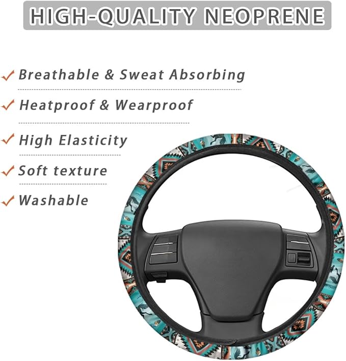 Car Steering Wheel Cover for Women Men, Soft Neoprene Stretchy Anti-Slip 15 Inch Steering Wheel Protector Universal Auto Decor, Aztec Geometric Horse Turquoise