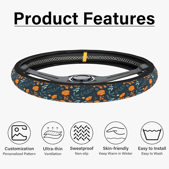 Orange Wildflowers Steering Wheel Cover, Cute Print Steering Wheel Cover Protector, Ultra Thin Breathable Non-Slip, Car Accessories for Women, for Steering Wheel with a Diameter of 14.5"-15"