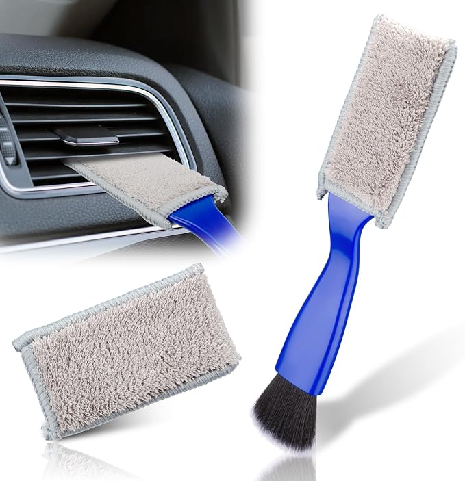 Double Head Brush for Car Clean, 2 in 1 Car Detailing Brush, Car Accessories Double Ended Portable Dust Brush with 2 Cleaning Cloth, Universal Dust Removal Brush for Air Conditioner Outlets