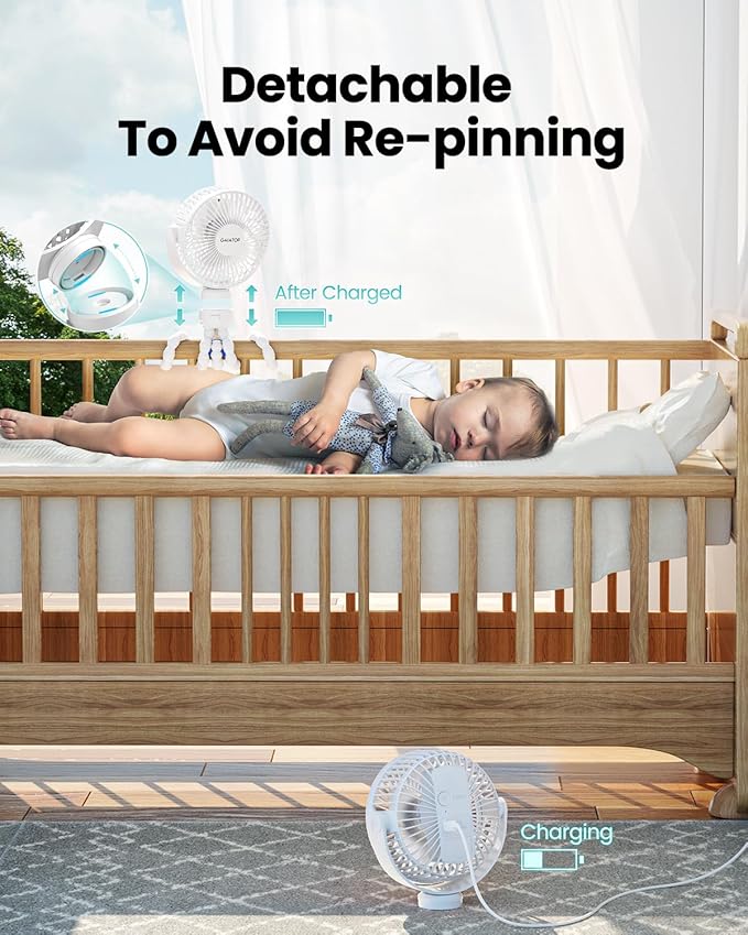 Mini Portable Stroller Fan, Battery Operated Small Clip on, Detachable 3 Speed Rechargeable, 360° Rotate Flexible Tripod Better Cooling for Car Seat Crib Treadmill Travel White