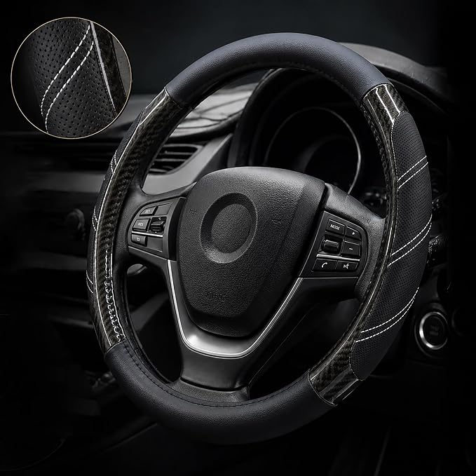 Sport Leather Steering Wheel Cover 14 1/2 inch to 15 inch Universal, Padded Soft Grip Breathable for Car Truck SUV Jeep, Anti Slip Odorless Carbon Fiber Black