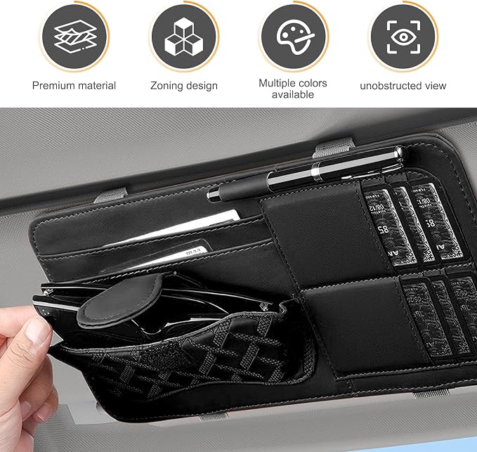 Car Sun Visor Organizer, Multi-Function Leather Car Visor Storage Pouch for Sunglasses Cards Licenses Pens, Multi-Pocket Visor Organizer, Universal for SUV, Sedan, Truck (Black)