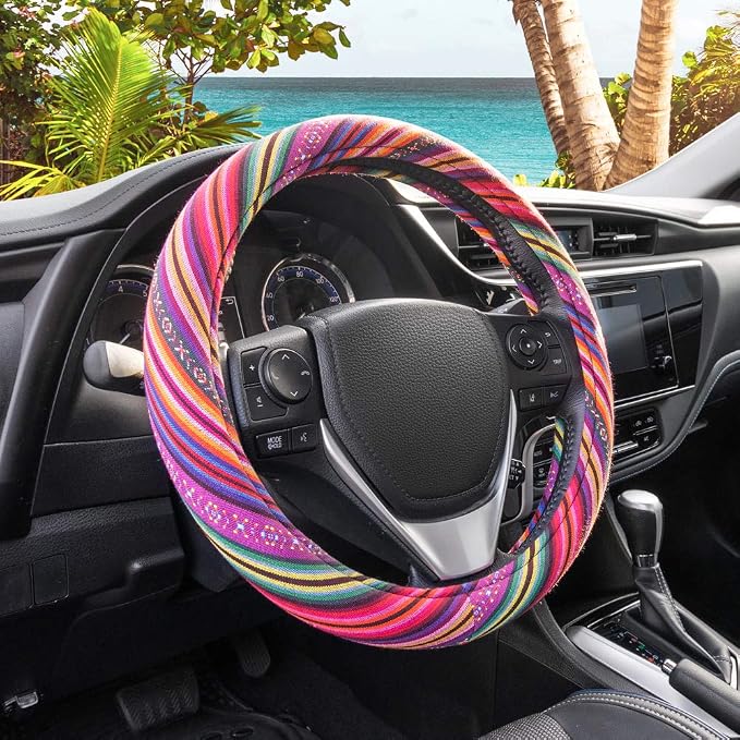 Colorful Woven Boho Bohemian Hippie Style Steering Wheel Cover for Women - Fits Most Standard Wheel Sizes 14.5-15 inch Colorful Patterns