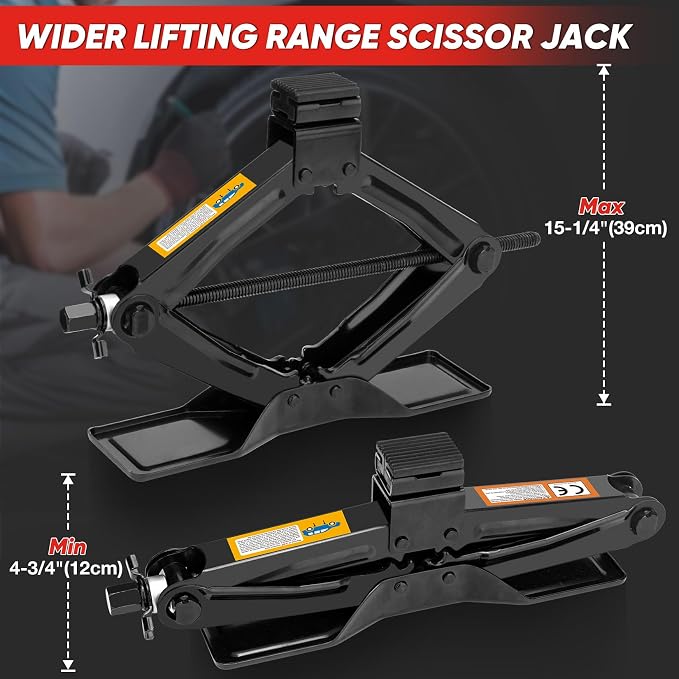 Car Jack 2 Ton (4409 lbs), Scissor Car Jack Kit with Extended & Widened Base, 360° Rotatable Rubber Pad, Tire Changing Kit with Ratchet & Lug Wrench - Scissor Lift Jacks for Cars, SUV, MPV