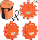 USB Rechargeable LED Road Flares Emergency Lights with Magnetic Base, 9 Strobe Options Roadside Emergency Warning Car Safety Beacon Flashing Disc Flare Kit for Vehicles & Boat (Orange Lights, 3 Pack)